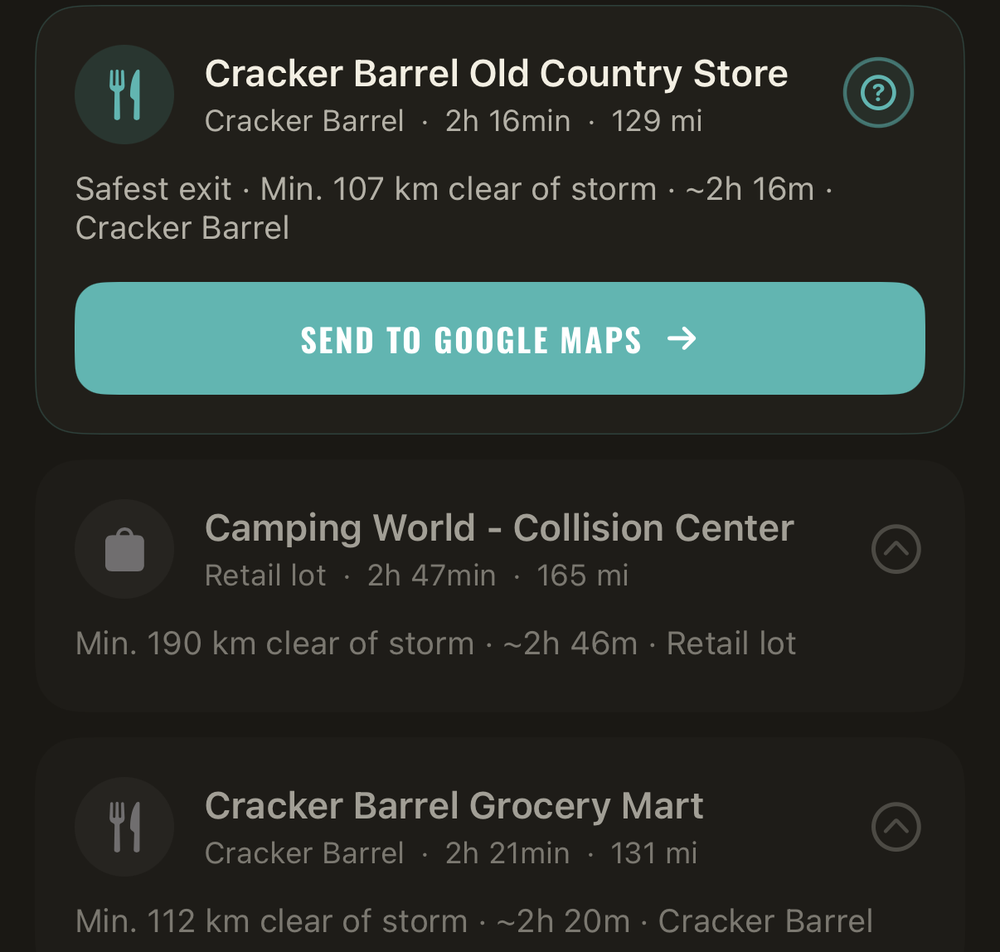Three ranked Storm Recon destination cards — Cracker Barrel Old Country Store, Camping World, and Cracker Barrel Grocery Mart — each describing the distance as 'clear of storm' during a wildfire evacuation.