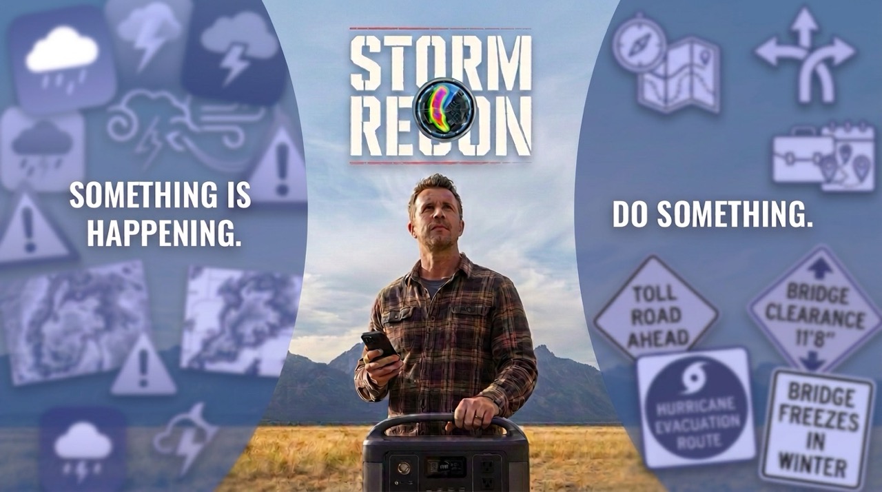 Split-screen Storm Recon graphic: hazard icons and warning signs on the left under 'Something is happening,' a man checking his phone beside a portable power station in the center under the Storm Recon logo, and route and evacuation icons on the right under 'Do something.'